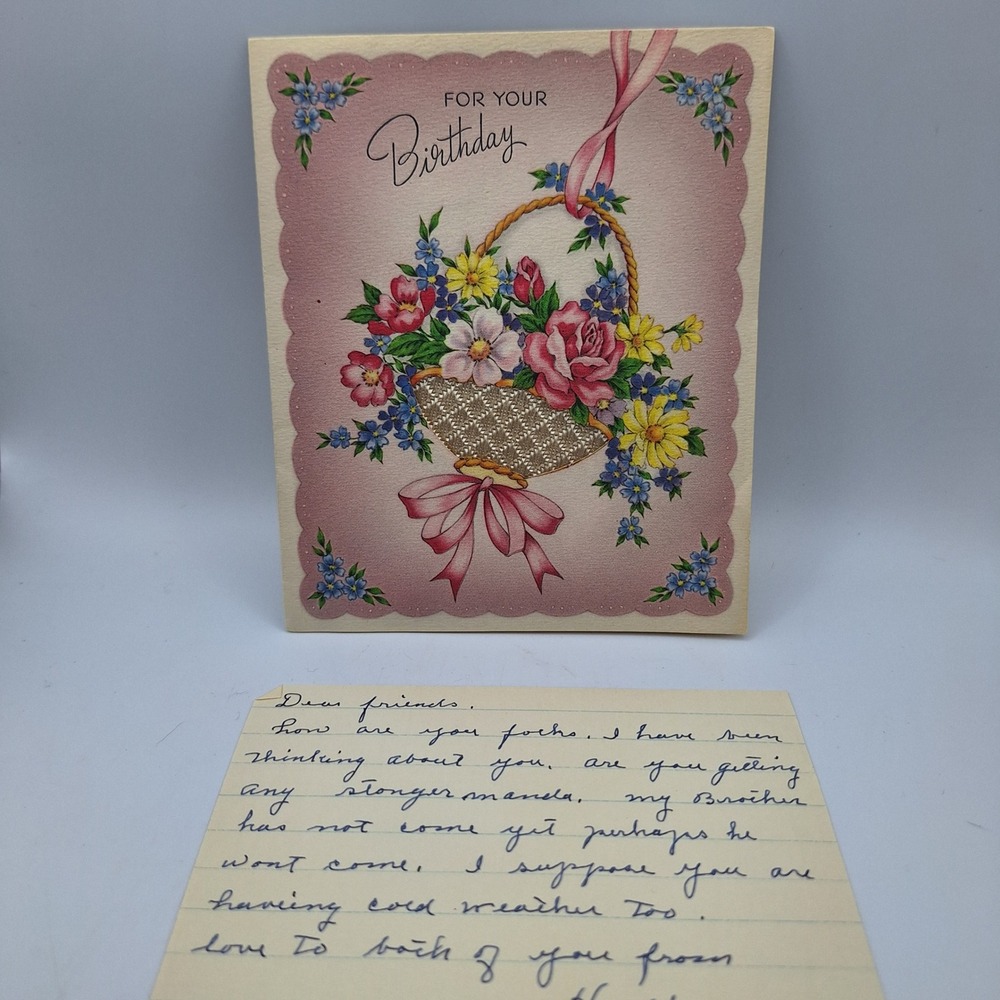 Vintage Gatto New York Birthday Card Flower Basket Pink Ribbon Graphic‎